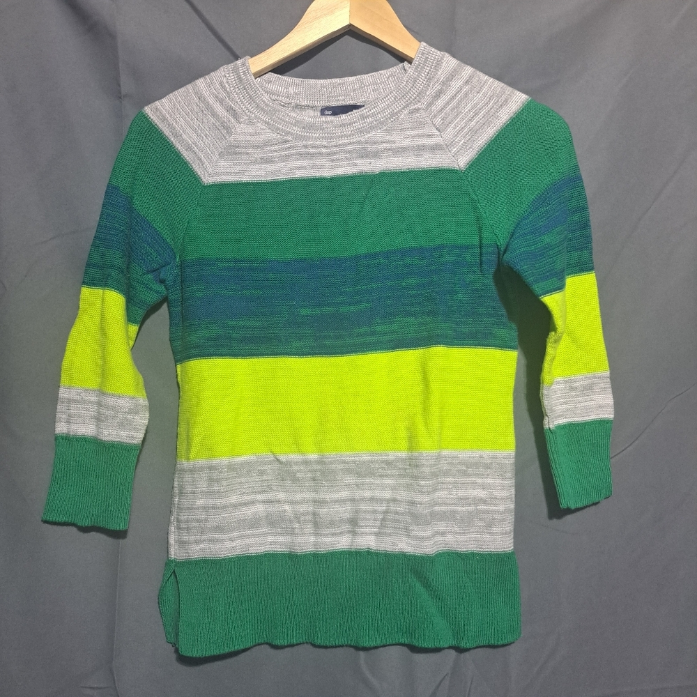 Gap Womens Small Striped Colorblock 3/4 Sleeve Crewneck Sweater Green‎ Gray